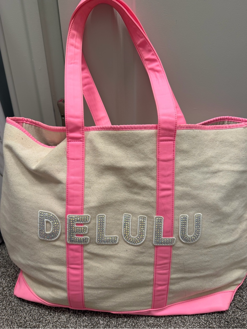 Stoney Clover Lane Cream Canvas Tote with Bright Pink Trim